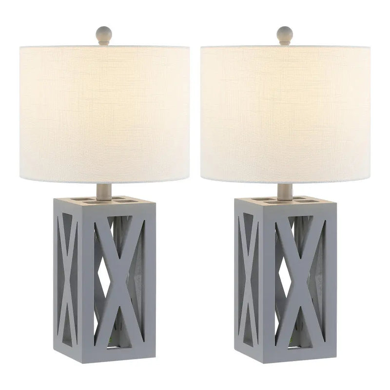 Set of Two 22" Gray Table Lamps With Drum Shades Homeroots Lighting