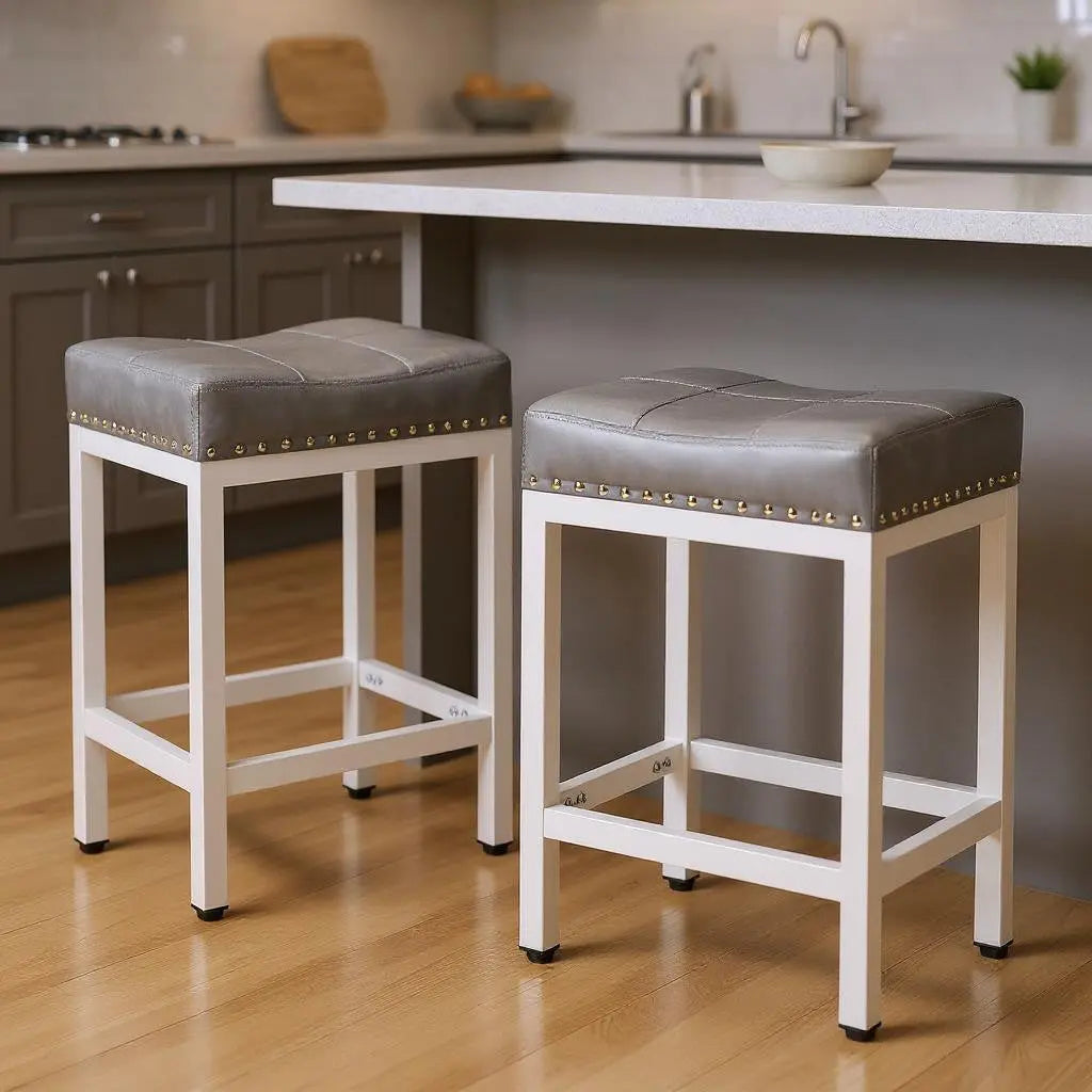 Set of Two 22" Gray and White Faux Leather and Steel Backless Bar Chairs Homeroots Living Room