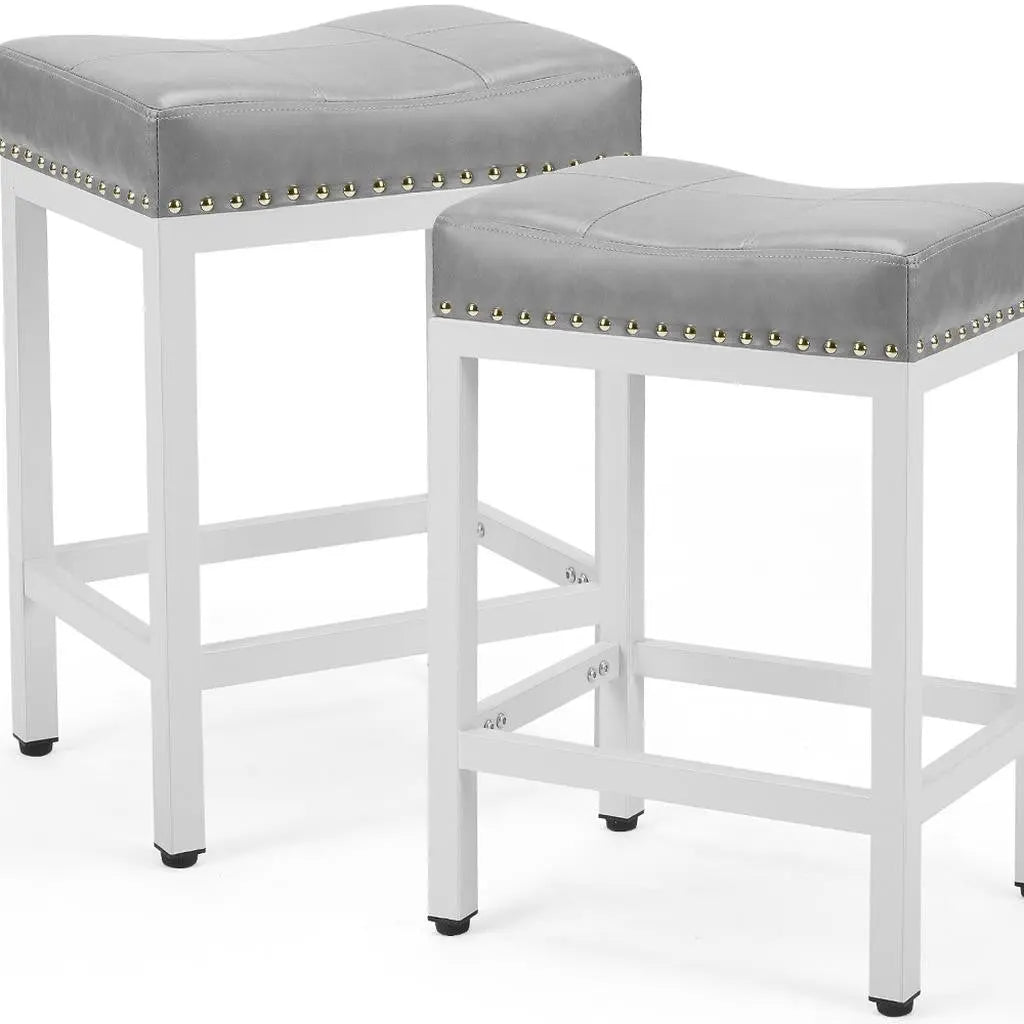 Set of Two 22" Gray and White Faux Leather and Steel Backless Bar Chairs Homeroots Living Room