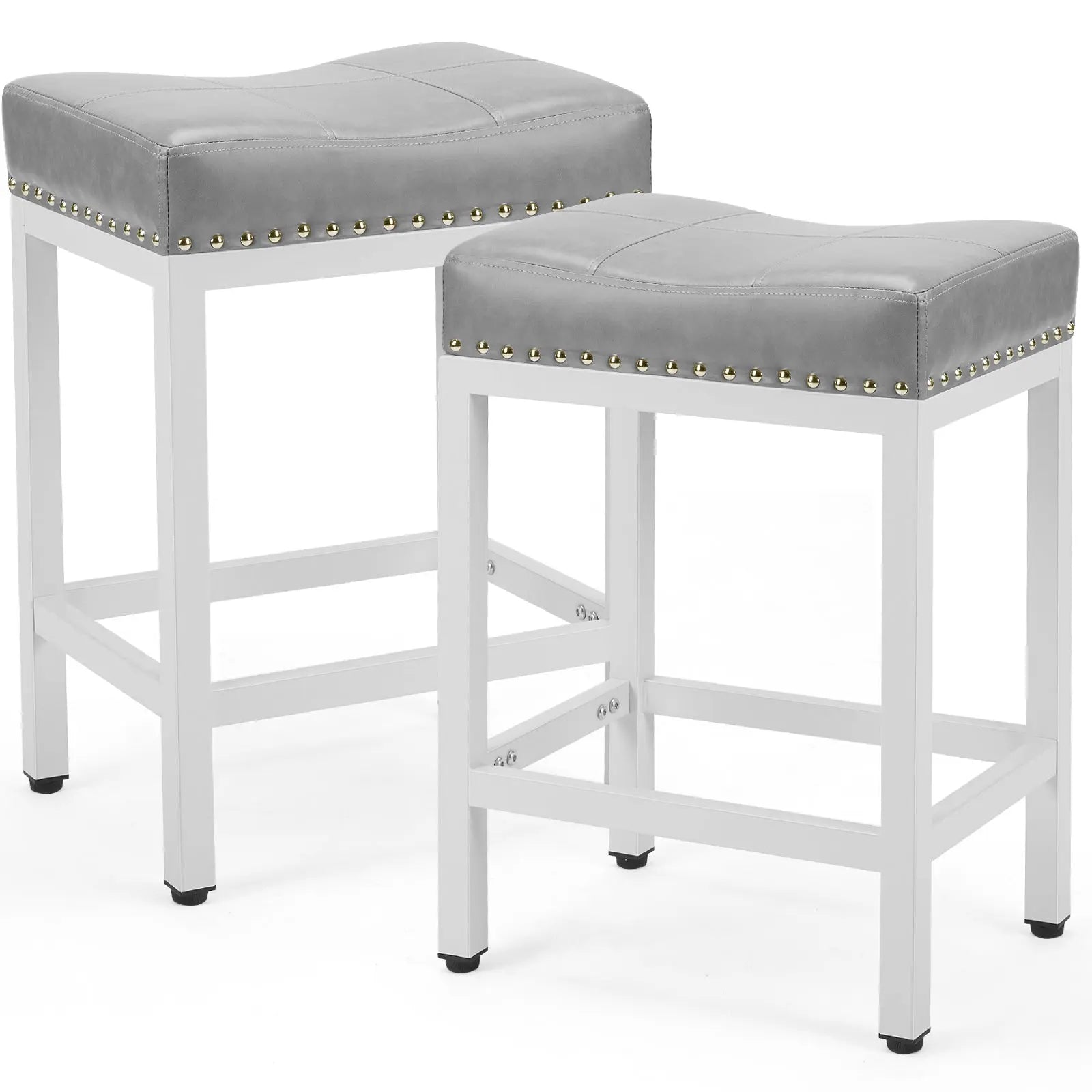 Set of Two 22" Gray and White Faux Leather and Steel Backless Bar Chairs Homeroots Living Room