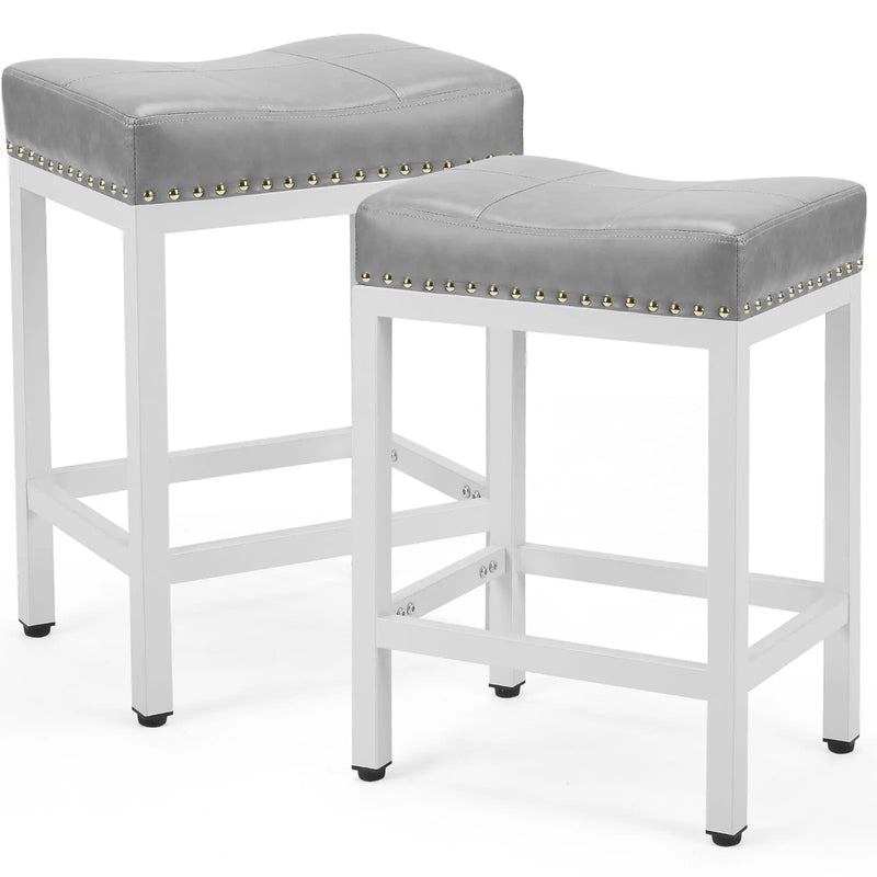 Set of Two 22" Gray and White Faux Leather and Steel Backless Bar Chairs Homeroots Living Room