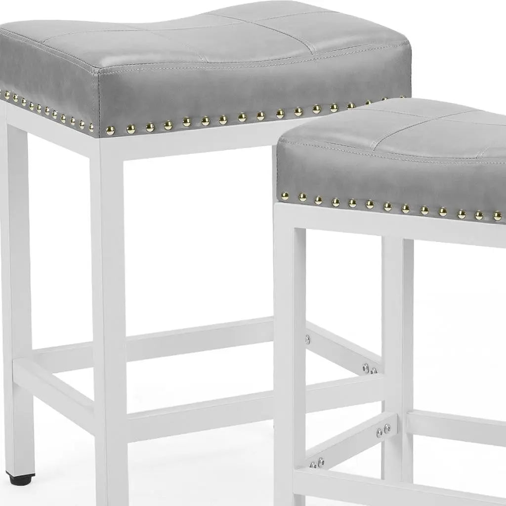Set of Two 22" Gray and White Faux Leather and Steel Backless Bar Chairs Homeroots Living Room