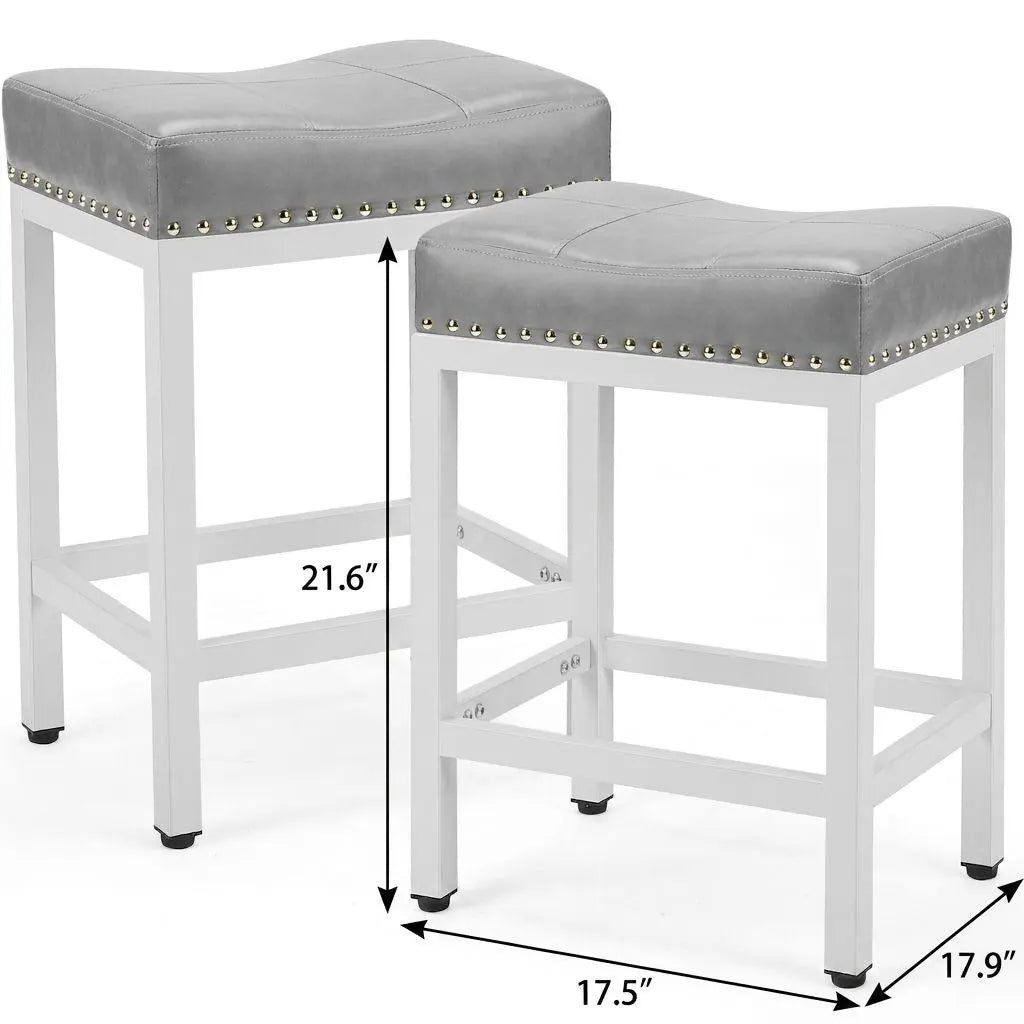 Set of Two 22" Gray and White Faux Leather and Steel Backless Bar Chairs Homeroots Living Room