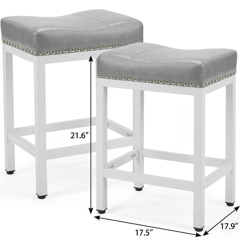 Set of Two 22" Gray and White Faux Leather and Steel Backless Bar Chairs Homeroots Living Room