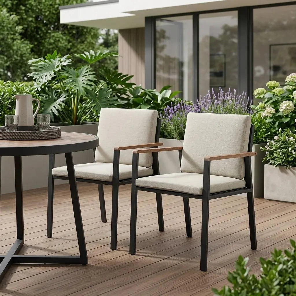 Set of Two 22" Light Gray Solid Wood Outdoor Dining Chair with Taupe Cushion Homeroots Outdoor