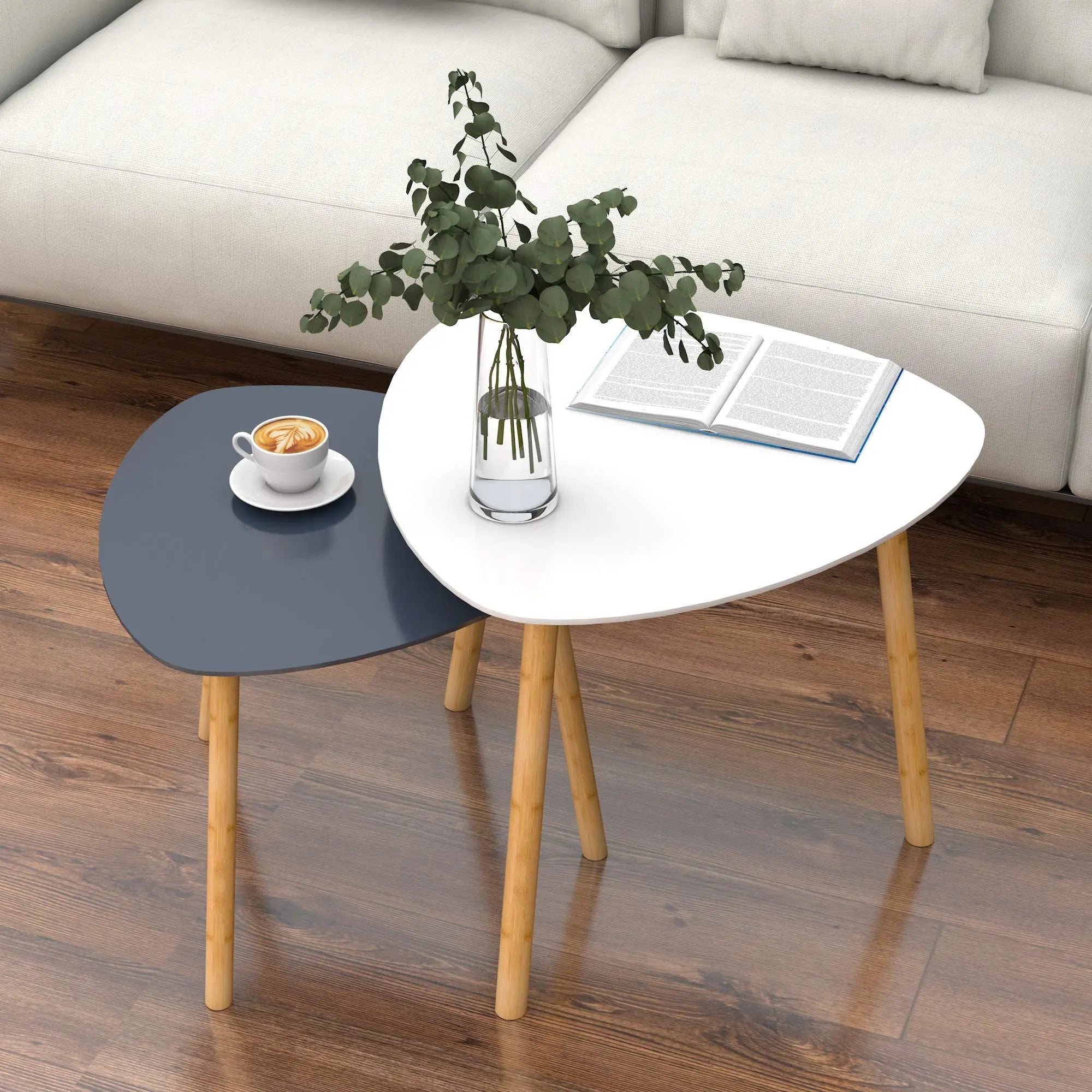 Set of Two 22" Oak And Gray and White Nested Tables Homeroots Living Room