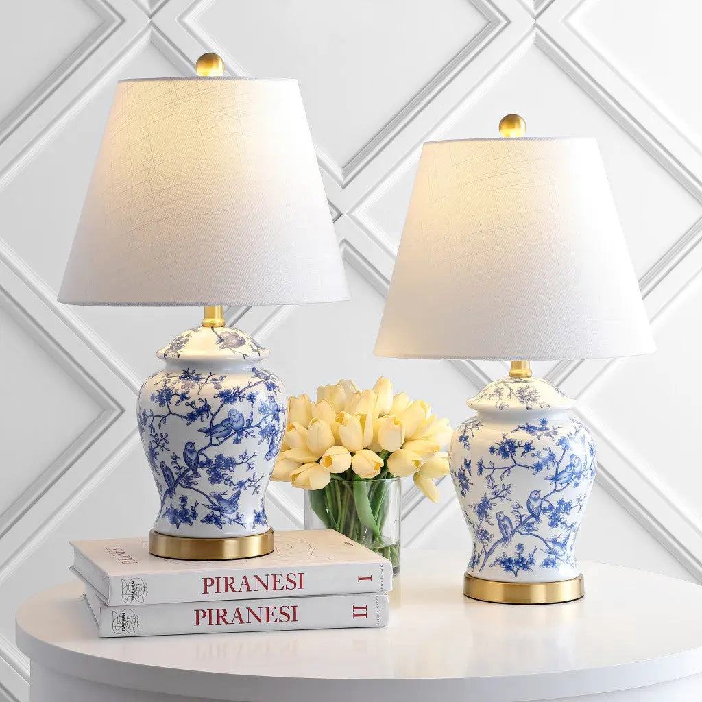 Set of Two 22" White Blue And Gold Urn Table Lamps With Empire Shades Homeroots Lighting