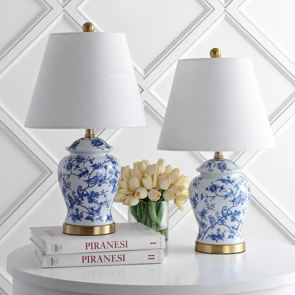 Set of Two 22" White Blue And Gold Urn Table Lamps With Empire Shades Homeroots Lighting