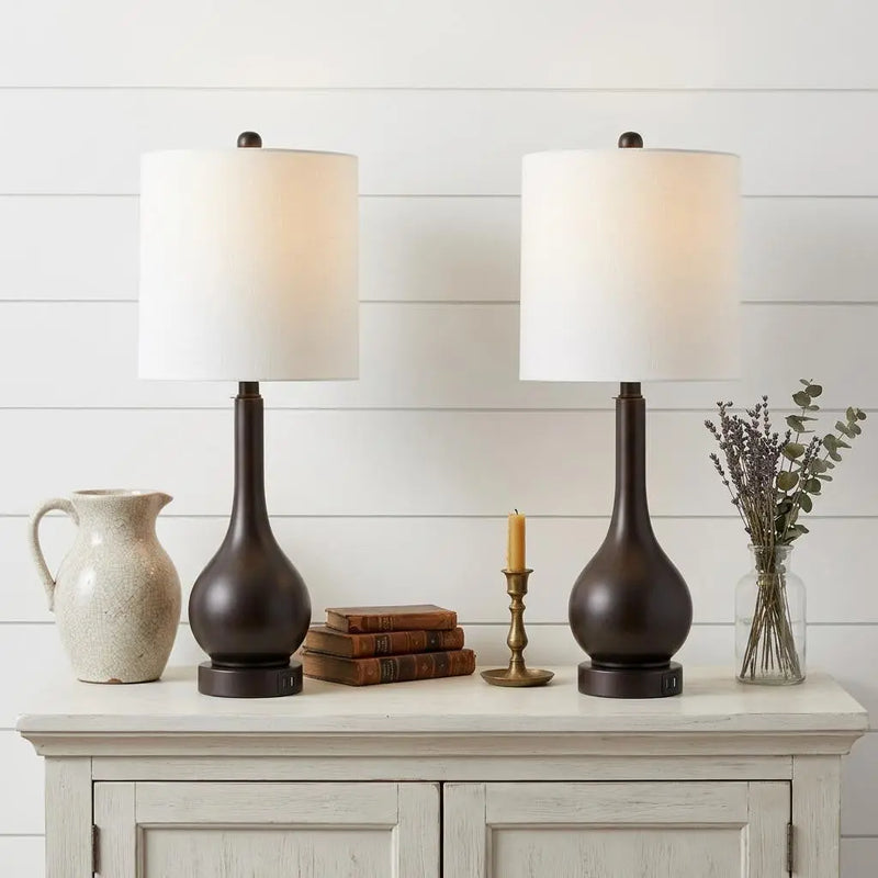 Set of Two 24" Antiqued Bronze Gourd Table Lamps With Drum Shades Homeroots Lighting
