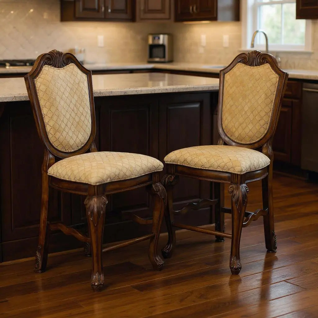 Set of Two 24" Beige and Espresso Fabric and Solid Wood Counter Height Bar Chairs Homeroots Living Room