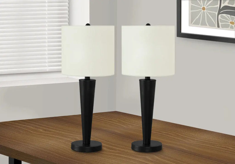 Set of Two 24" Black Metal Candlestick USB Table Lamps With Ivory Drum Shade Homeroots Lighting