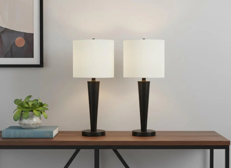 Set of Two 24" Black Metal Candlestick USB Table Lamps With Ivory Drum Shade Homeroots Lighting