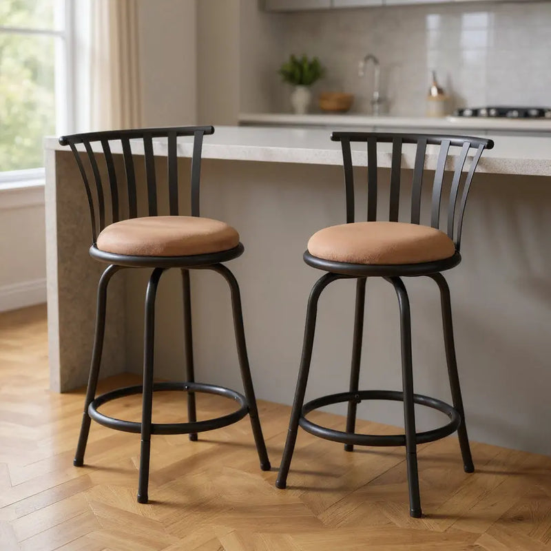 Set of Two 24" Brown and Black Microfiber and Metal Low Back Counter Height Swivel Bar Chairs Homeroots Living Room