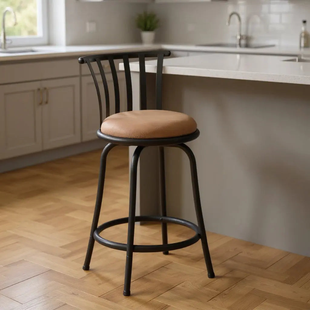 Set of Two 24" Brown and Black Microfiber and Metal Low Back Counter Height Swivel Bar Chairs Homeroots Living Room