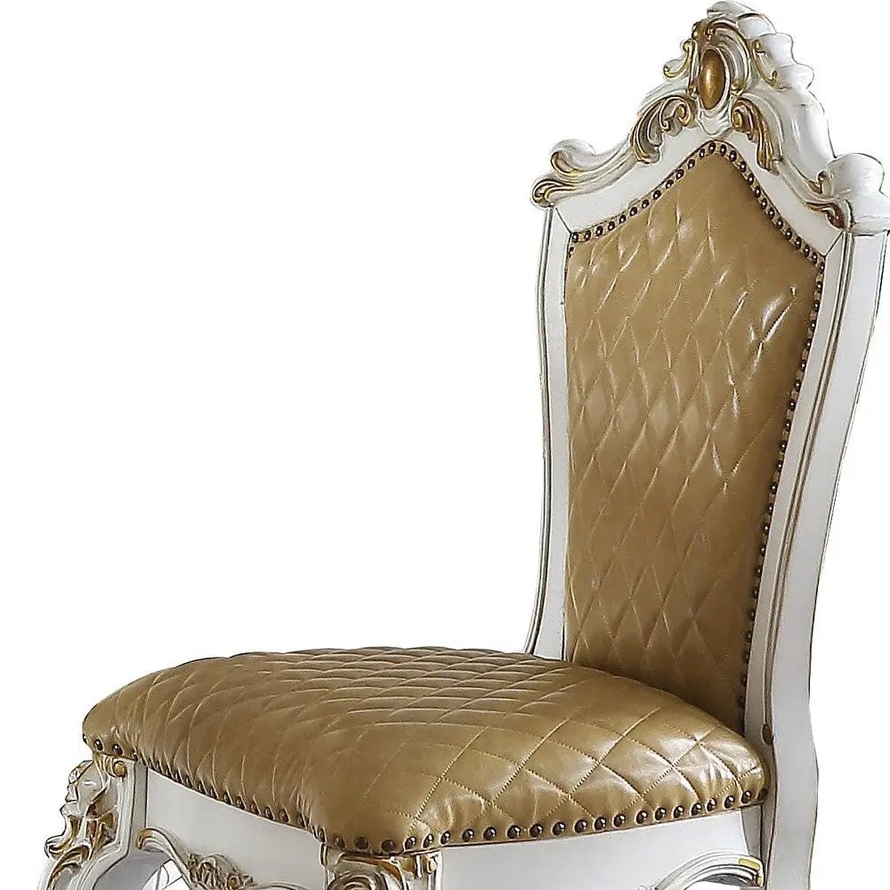 Set of Two 24" Brown and Pearl Faux Leather and Solid Wood Counter Height Bar Chairs Homeroots Living Room