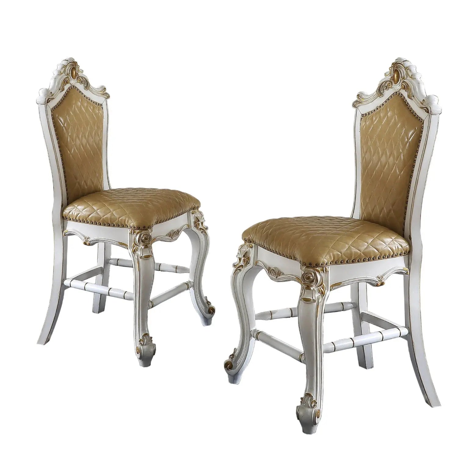 Set of Two 24" Brown and Pearl Faux Leather and Solid Wood Counter Height Bar Chairs Homeroots Living Room