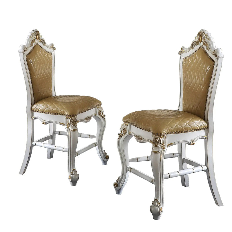 Set of Two 24" Brown and Pearl Faux Leather and Solid Wood Counter Height Bar Chairs Homeroots Living Room