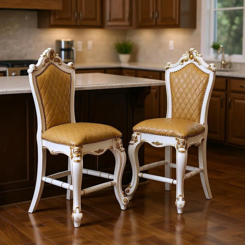 Set of Two 24" Brown and Pearl Faux Leather and Solid Wood Counter Height Bar Chairs Homeroots Living Room