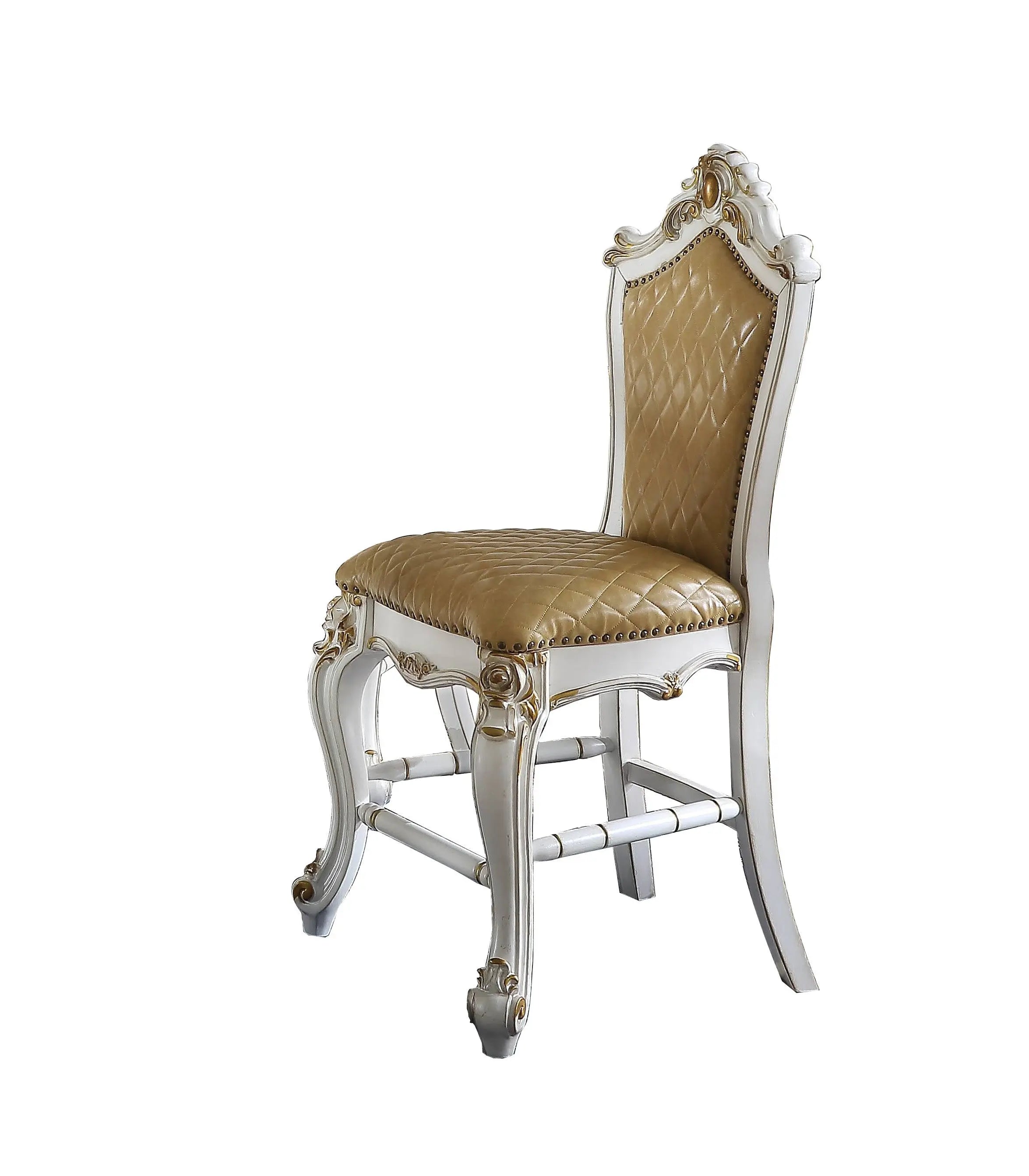 Set of Two 24" Brown and Pearl Faux Leather and Solid Wood Counter Height Bar Chairs Homeroots Living Room