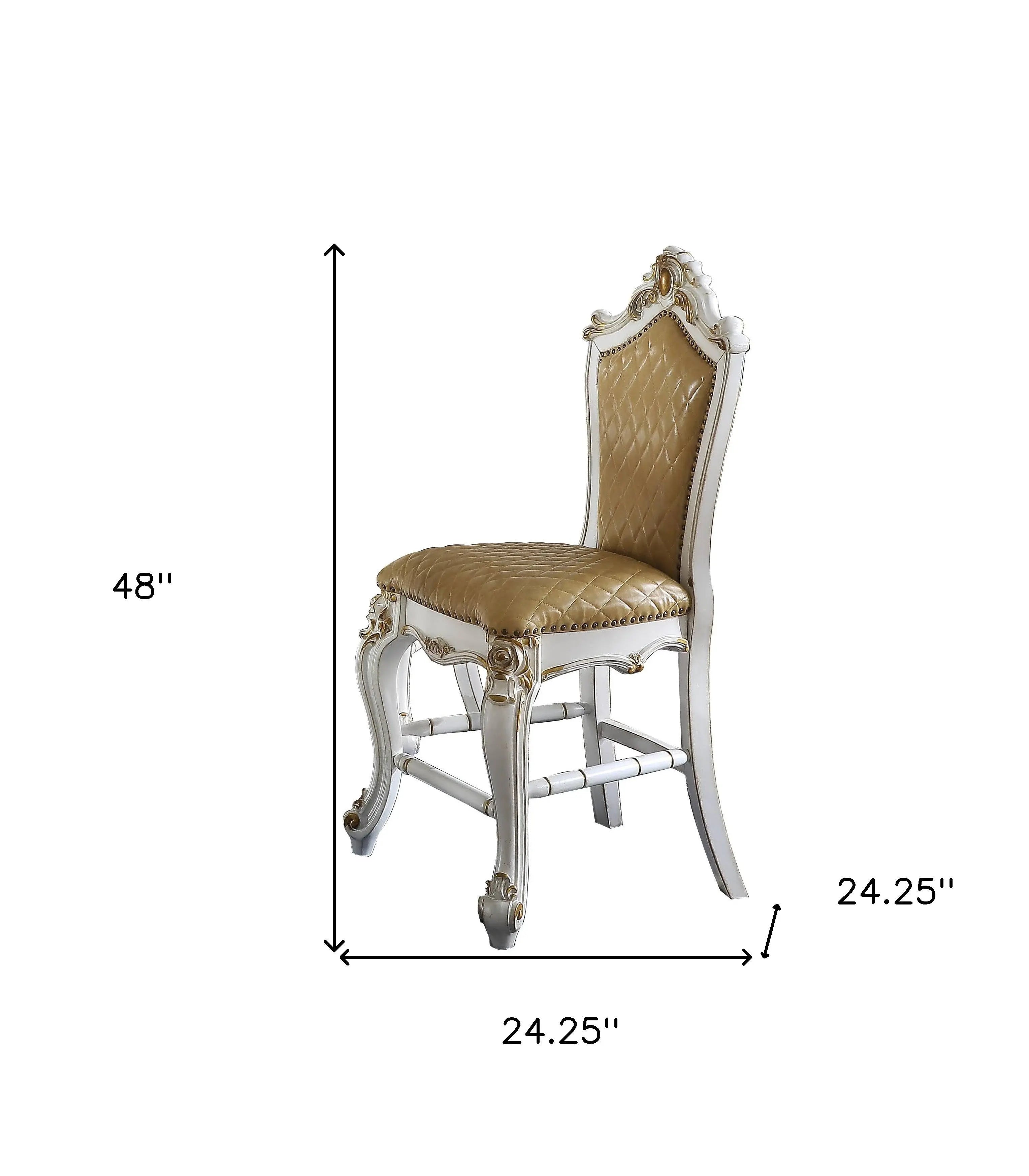 Set of Two 24" Brown and Pearl Faux Leather and Solid Wood Counter Height Bar Chairs Homeroots Living Room