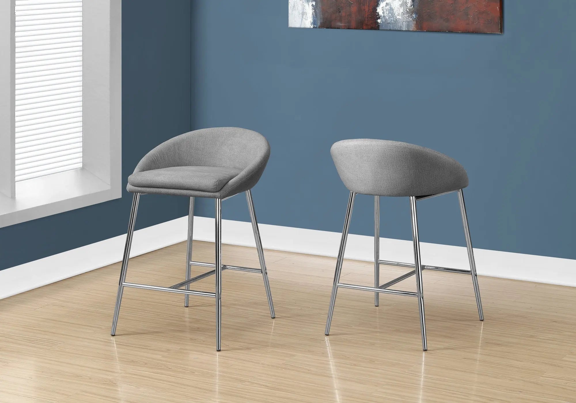 Set of Two 24" Gray and Silver Metal Low Back Bar Chairs Homeroots Living Room