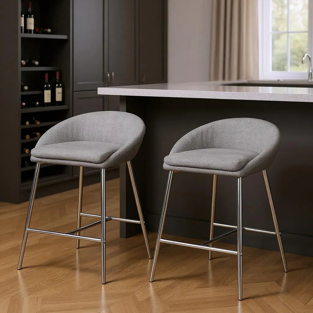 Set of Two 24" Gray and Silver Metal Low Back Bar Chairs Homeroots Living Room