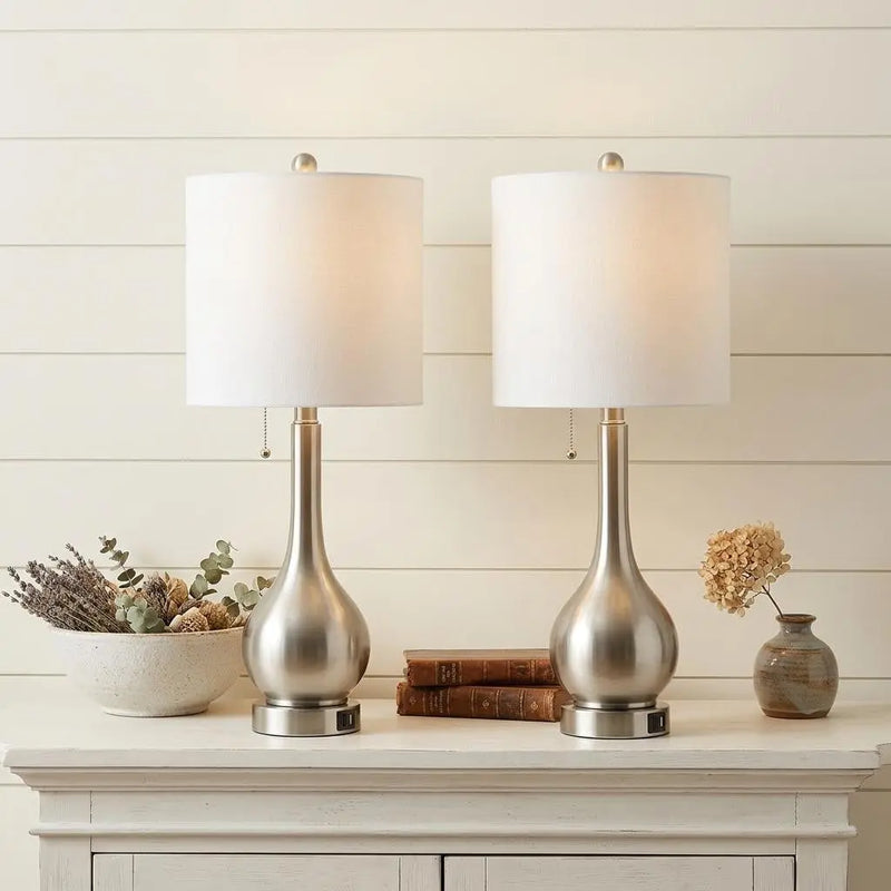 Set of Two 24" Nickel Gourd Table Lamps With Drum Shades Homeroots Lighting