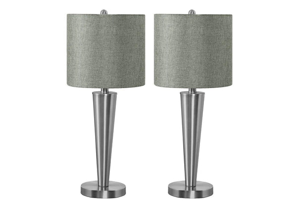 Set of Two 24" Silver Metal Candlestick USB Table Lamps With Gray Drum Shade Homeroots Lighting