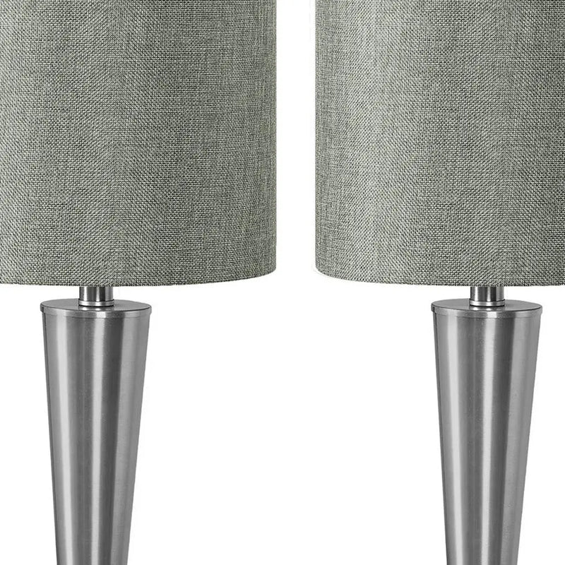 Set of Two 24" Silver Metal Candlestick USB Table Lamps With Gray Drum Shade Homeroots Lighting