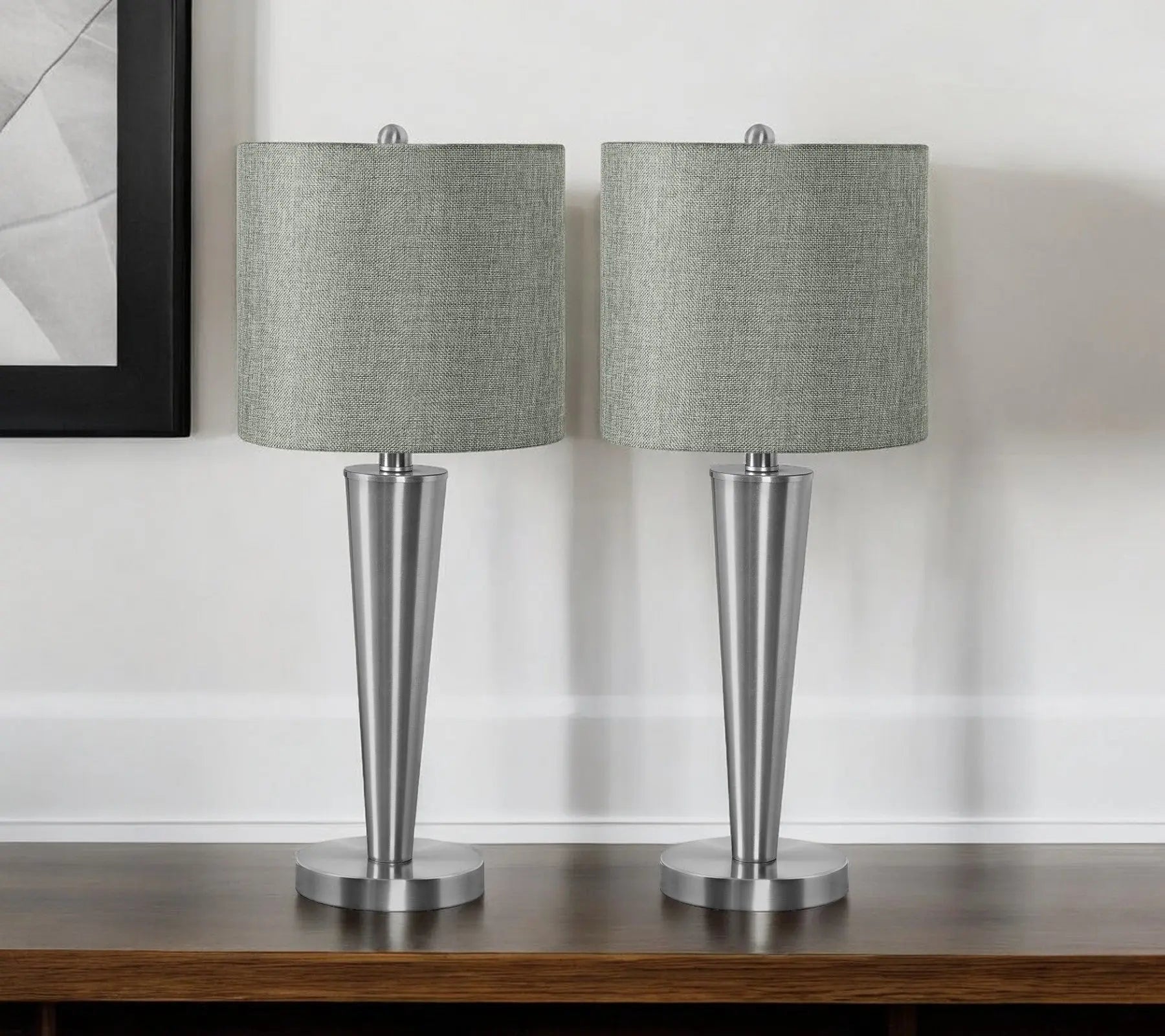 Set of Two 24" Silver Metal Candlestick USB Table Lamps With Gray Drum Shade Homeroots Lighting