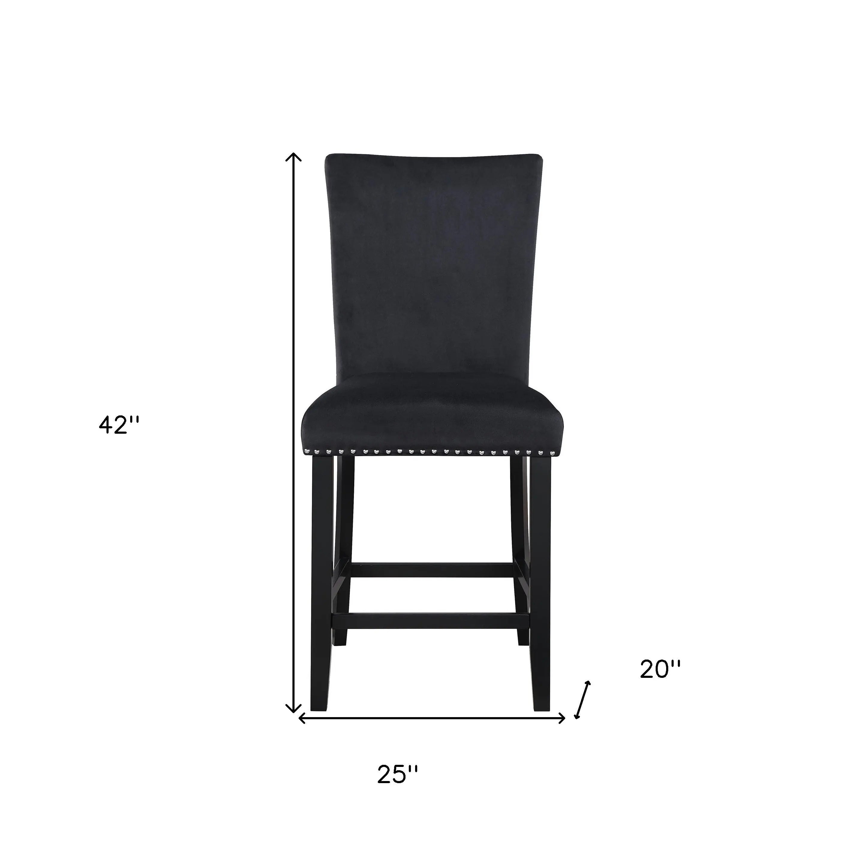 Set of Two 25" Black Wood and Velvet Counter Height Bar Chairs Homeroots Living Room