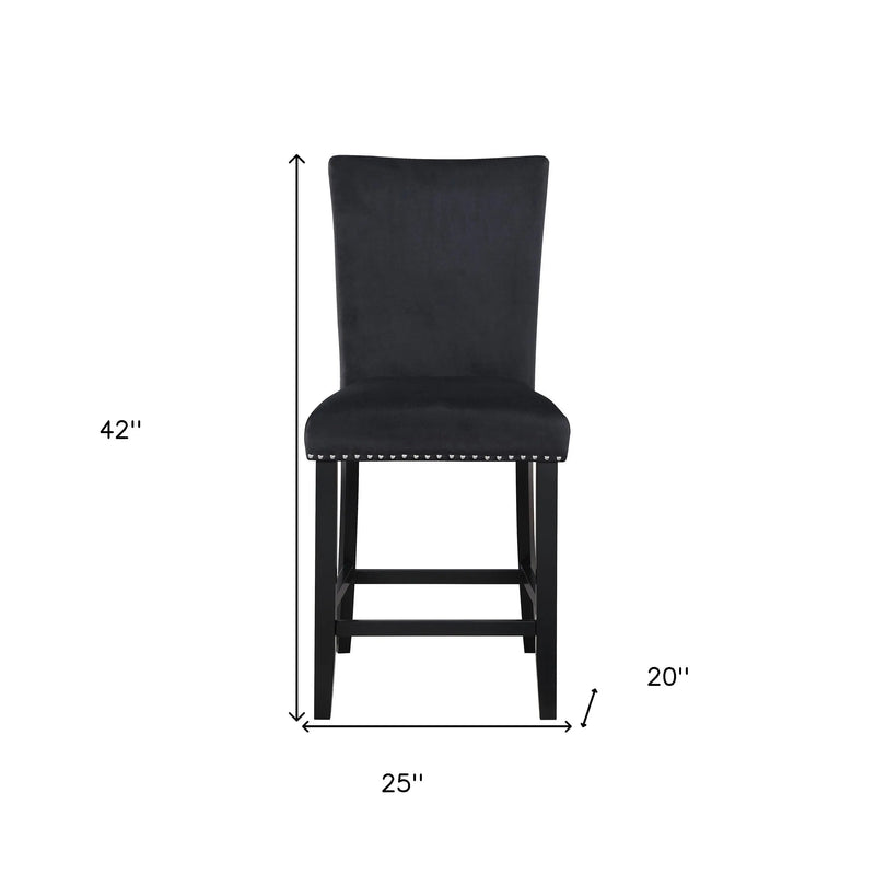 Set of Two 25" Black Wood and Velvet Counter Height Bar Chairs Homeroots Living Room