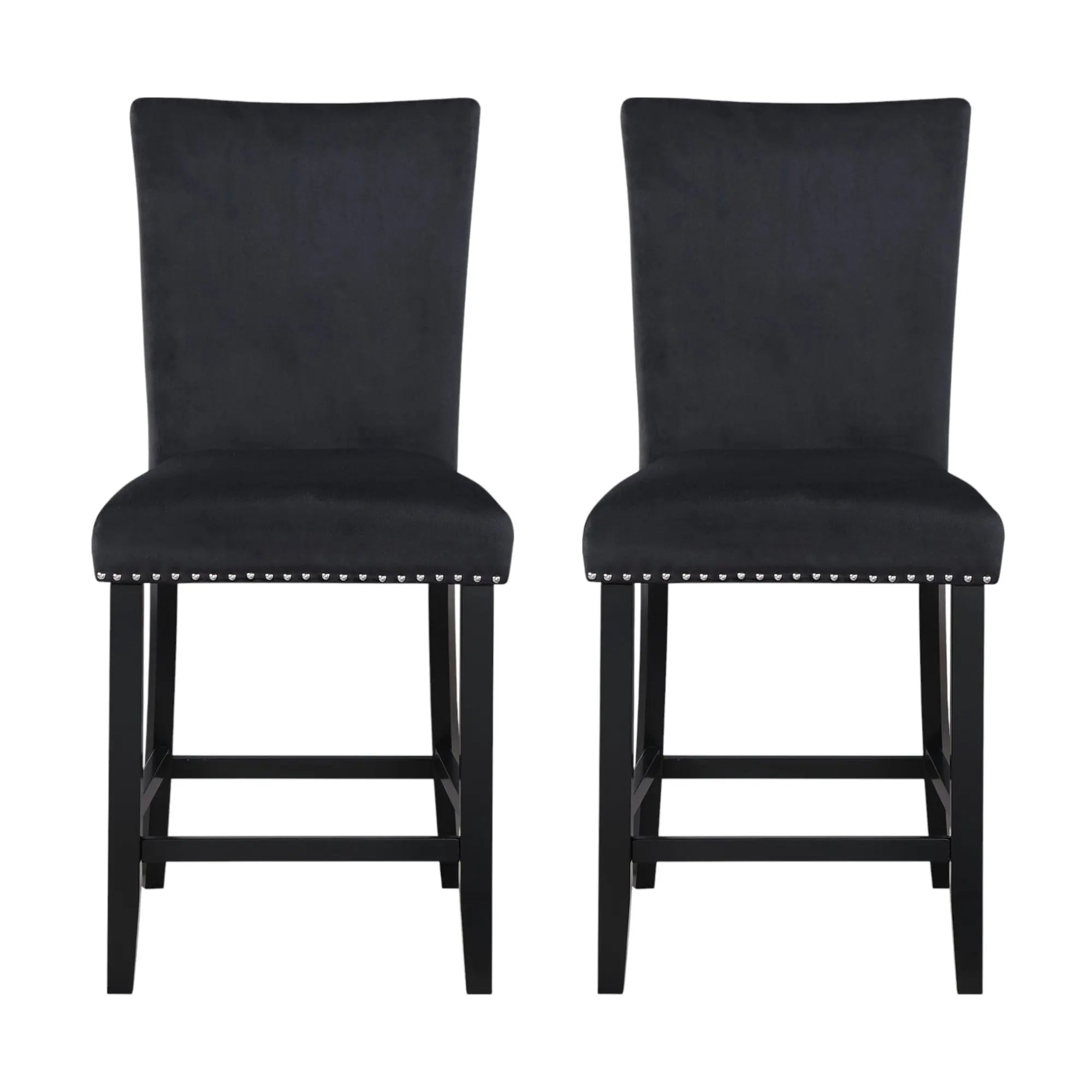 Set of Two 25" Black Wood and Velvet Counter Height Bar Chairs Homeroots Living Room