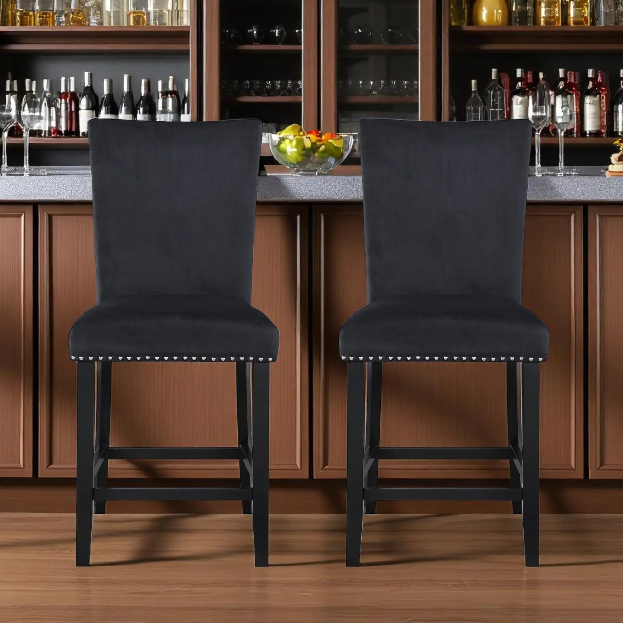 Set of Two 25" Black Wood and Velvet Counter Height Bar Chairs Homeroots Living Room