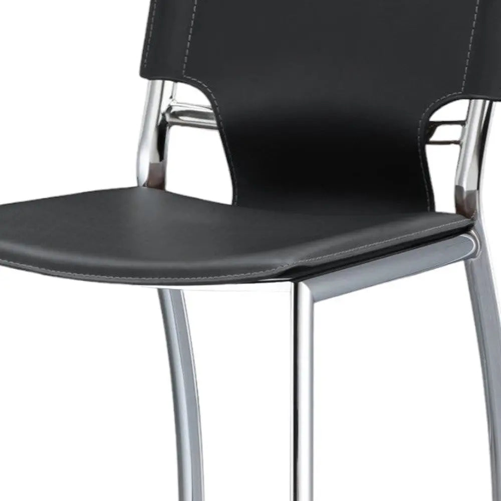 Set of Two 25" Black and Silver Faux Leather and Metal Low Back Counter Height Bar Chairs Homeroots Living Room