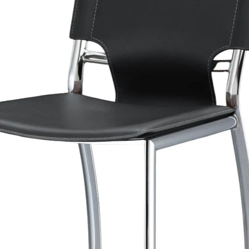Set of Two 25" Black and Silver Faux Leather and Metal Low Back Counter Height Bar Chairs Homeroots Living Room