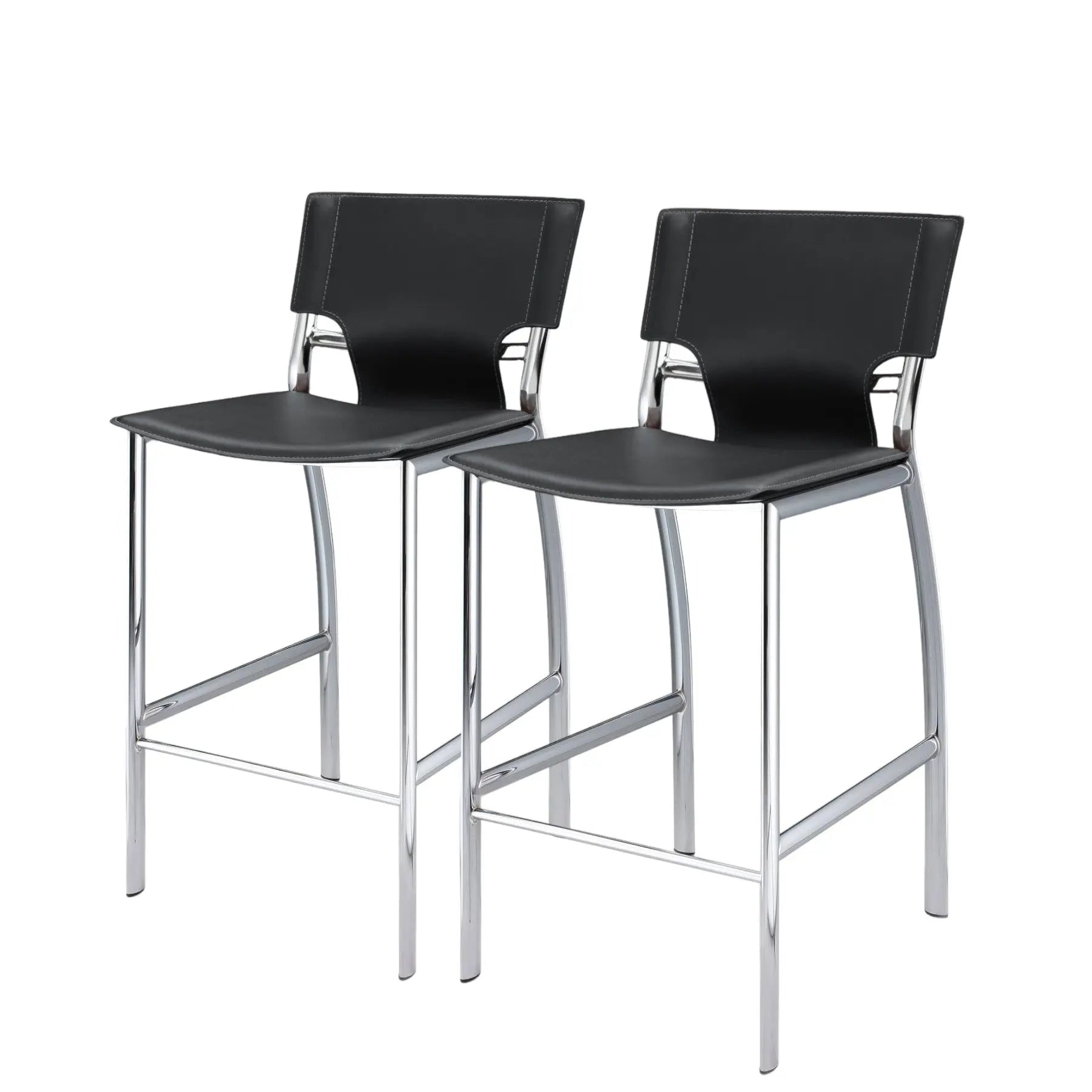 Set of Two 25" Black and Silver Faux Leather and Metal Low Back Counter Height Bar Chairs Homeroots Living Room