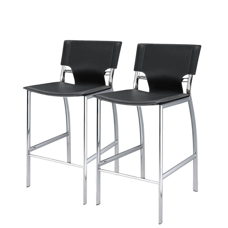 Set of Two 25" Black and Silver Faux Leather and Metal Low Back Counter Height Bar Chairs Homeroots Living Room