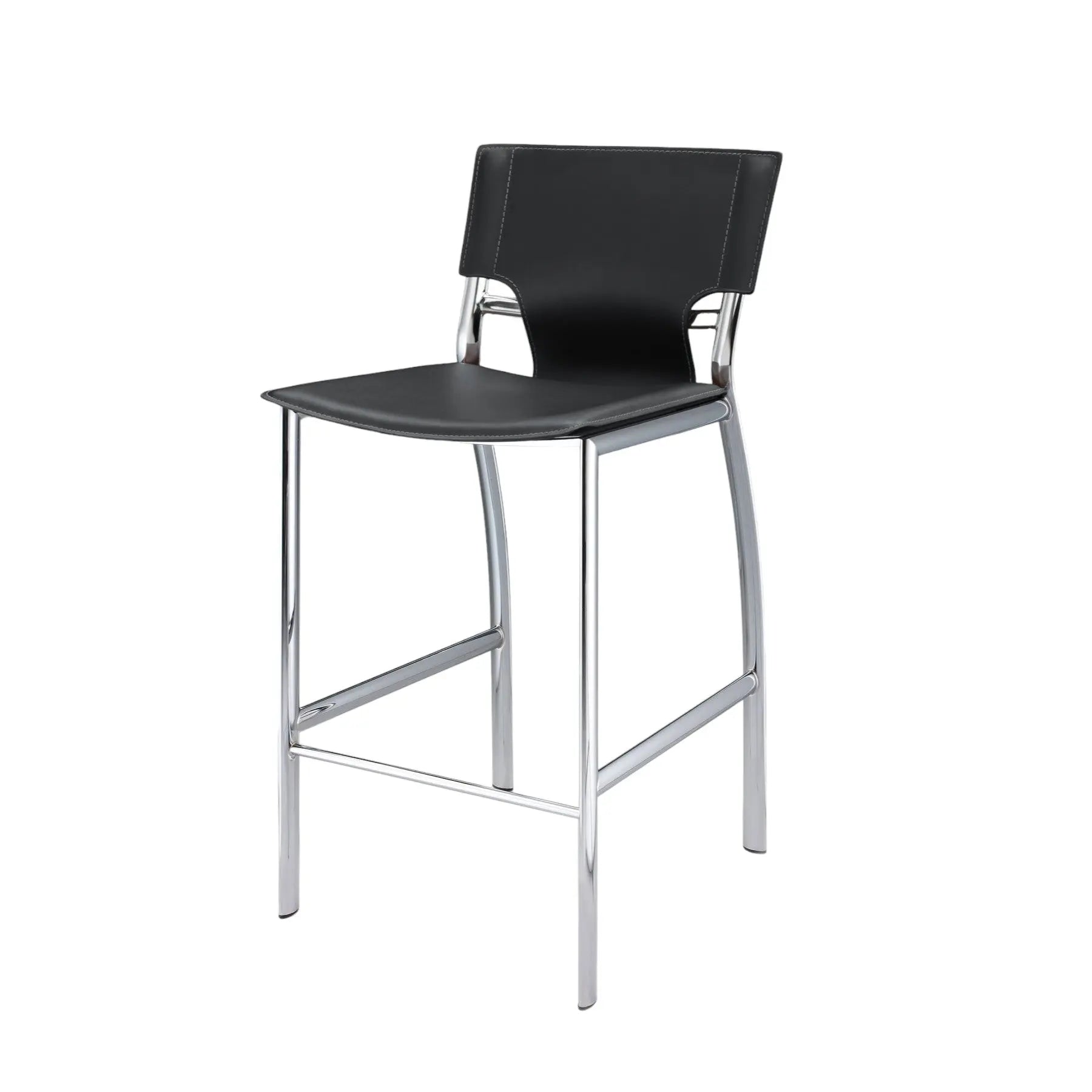 Set of Two 25" Black and Silver Faux Leather and Metal Low Back Counter Height Bar Chairs Homeroots Living Room