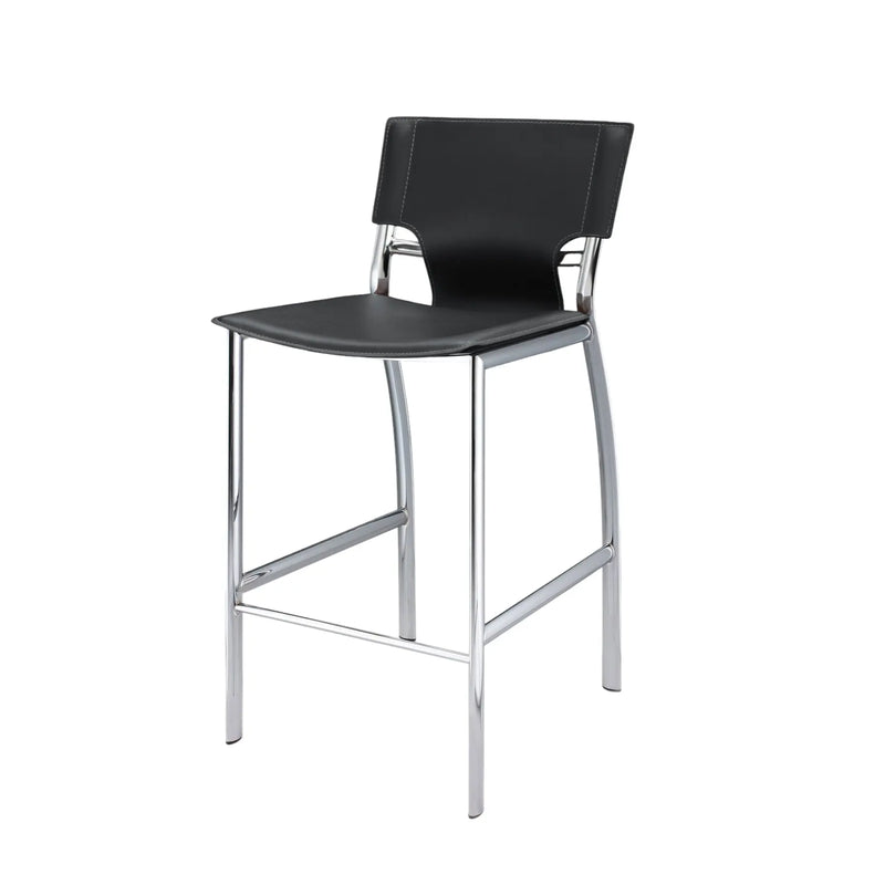 Set of Two 25" Black and Silver Faux Leather and Metal Low Back Counter Height Bar Chairs Homeroots Living Room