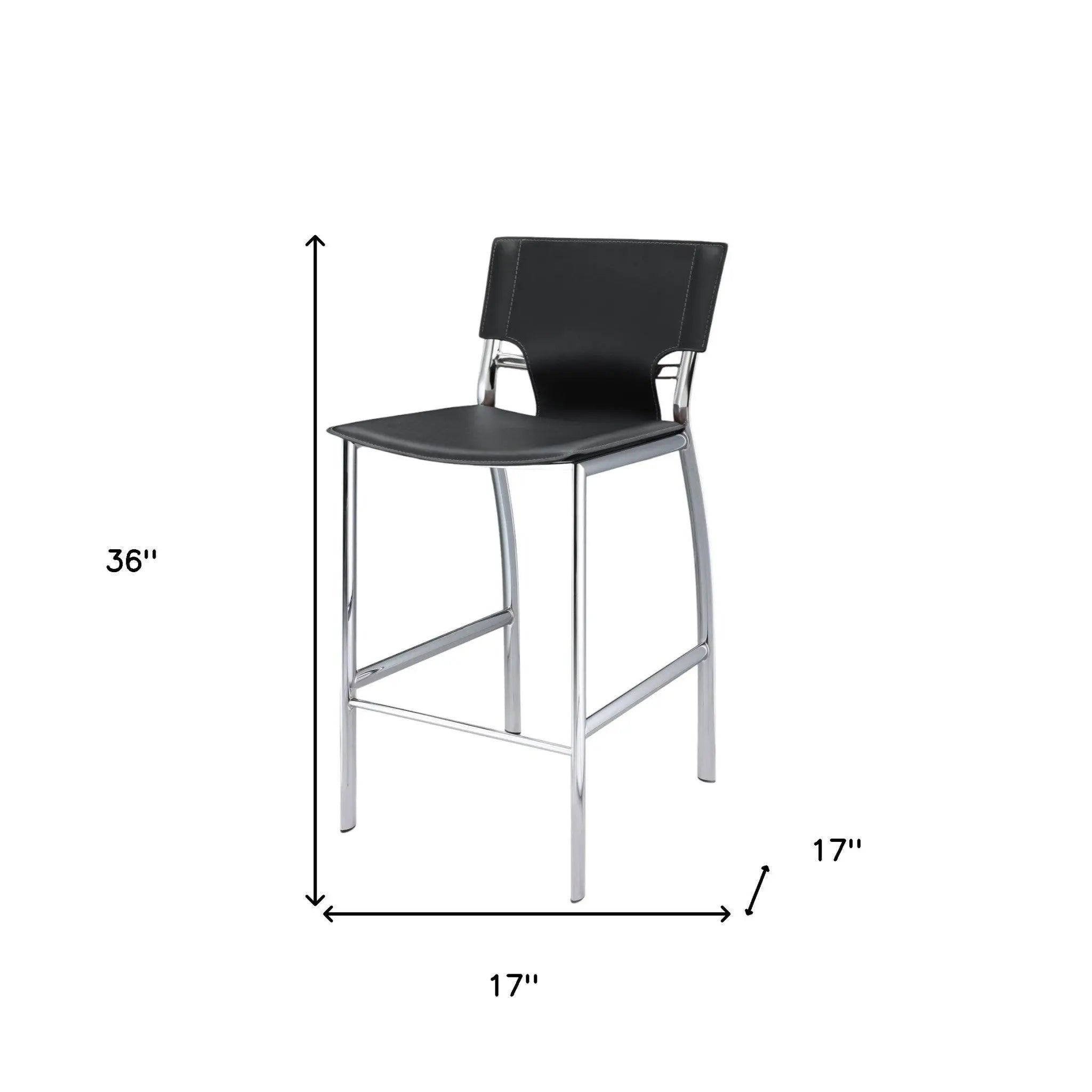 Set of Two 25" Black and Silver Faux Leather and Metal Low Back Counter Height Bar Chairs Homeroots Living Room