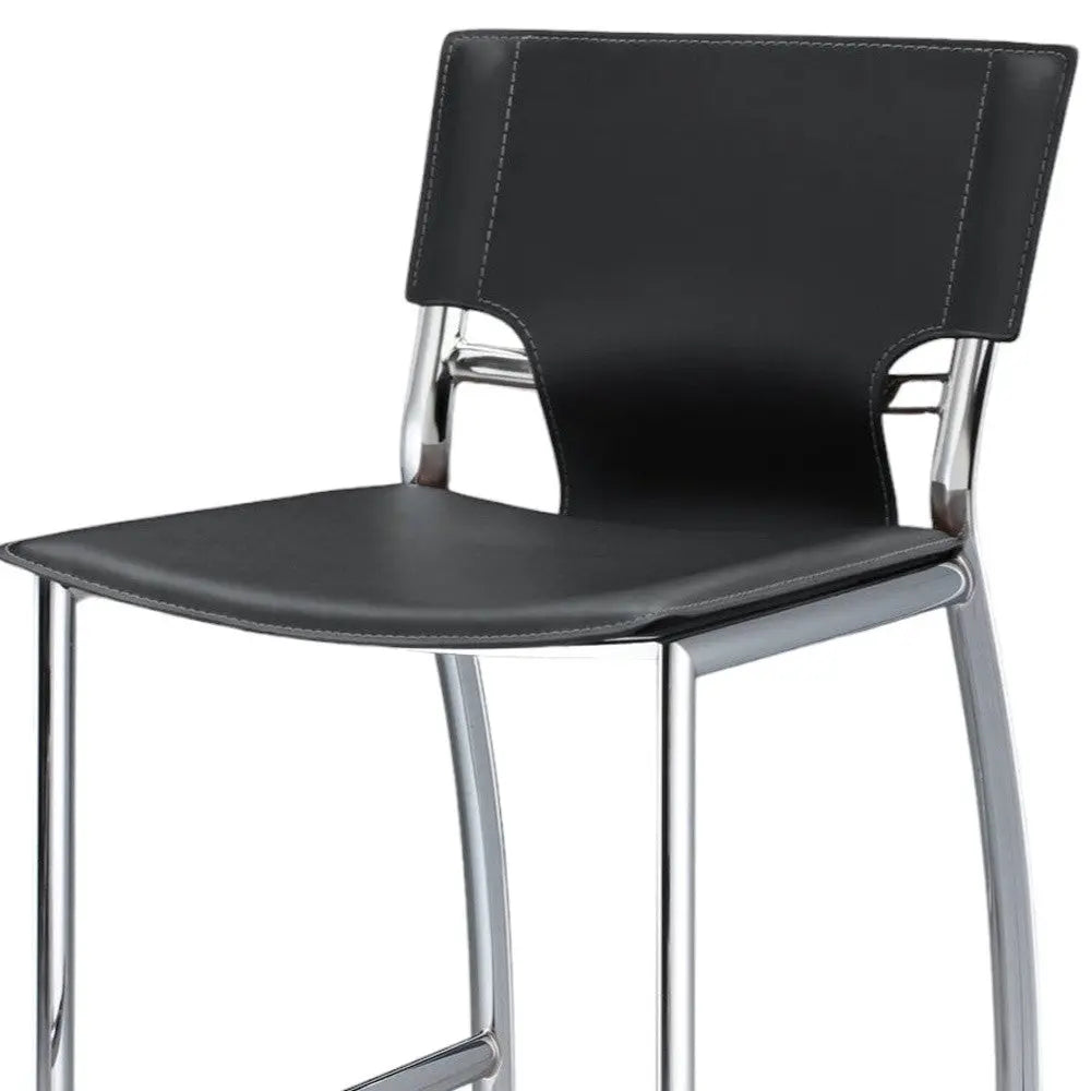Set of Two 25" Black and Silver Faux Leather and Metal Low Back Counter Height Bar Chairs Homeroots Living Room