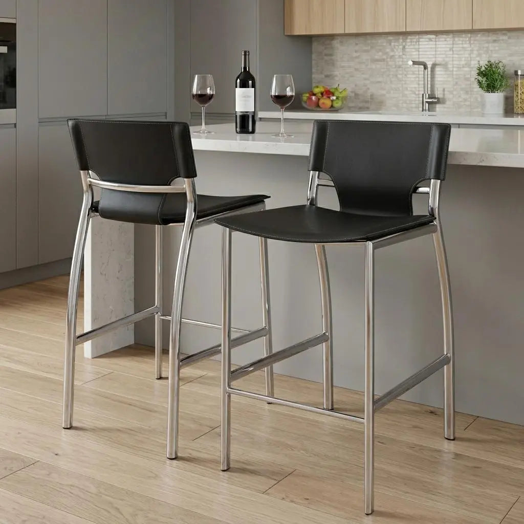 Set of Two 25" Black and Silver Faux Leather and Metal Low Back Counter Height Bar Chairs Homeroots Living Room