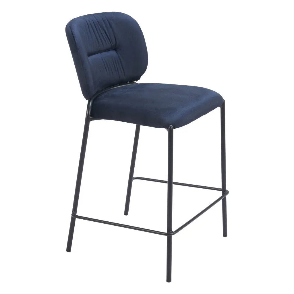 Set of Two 25" Blue and Black Velvet and Steel Counter Height Bar Chairs Homeroots Living Room