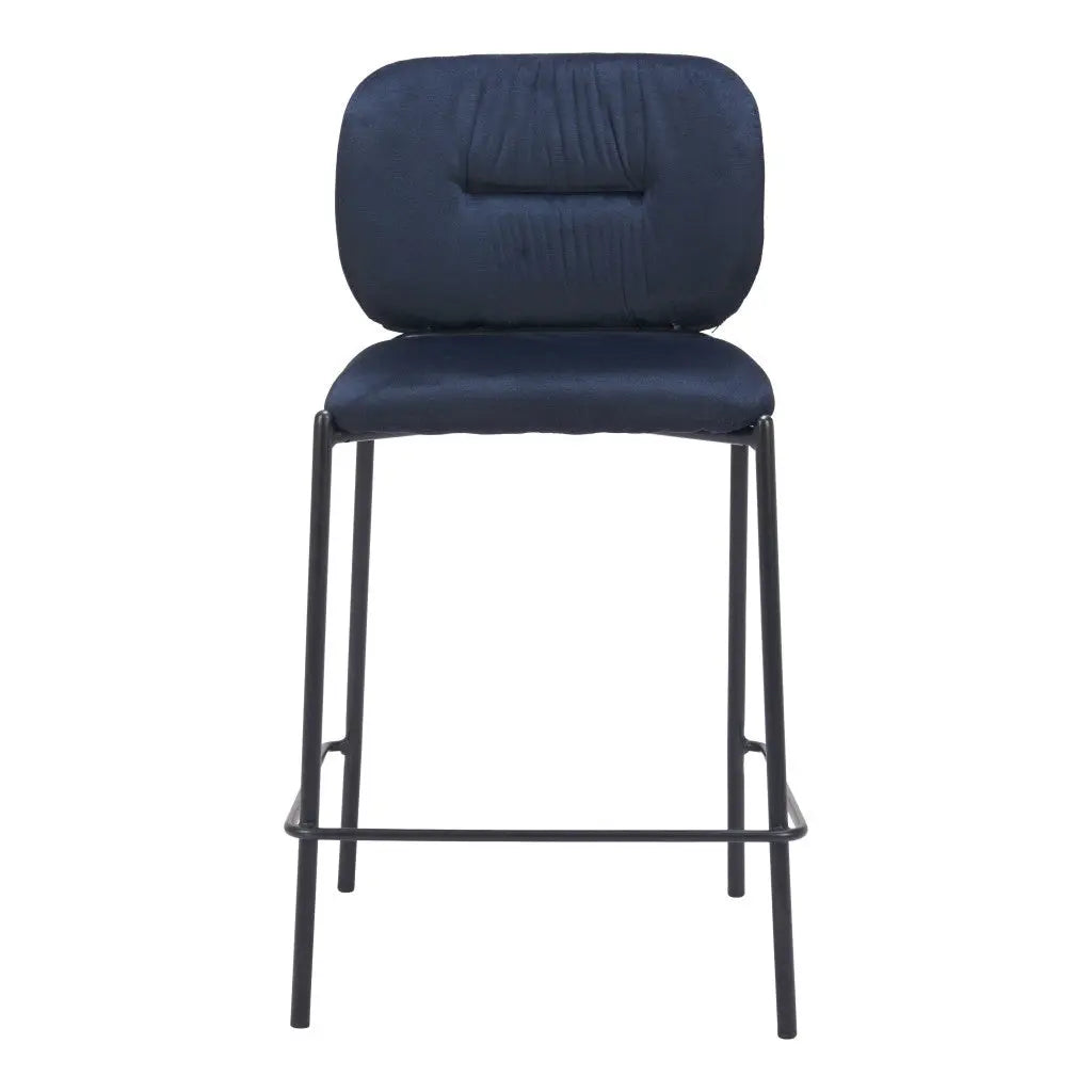 Set of Two 25" Blue and Black Velvet and Steel Counter Height Bar Chairs Homeroots Living Room