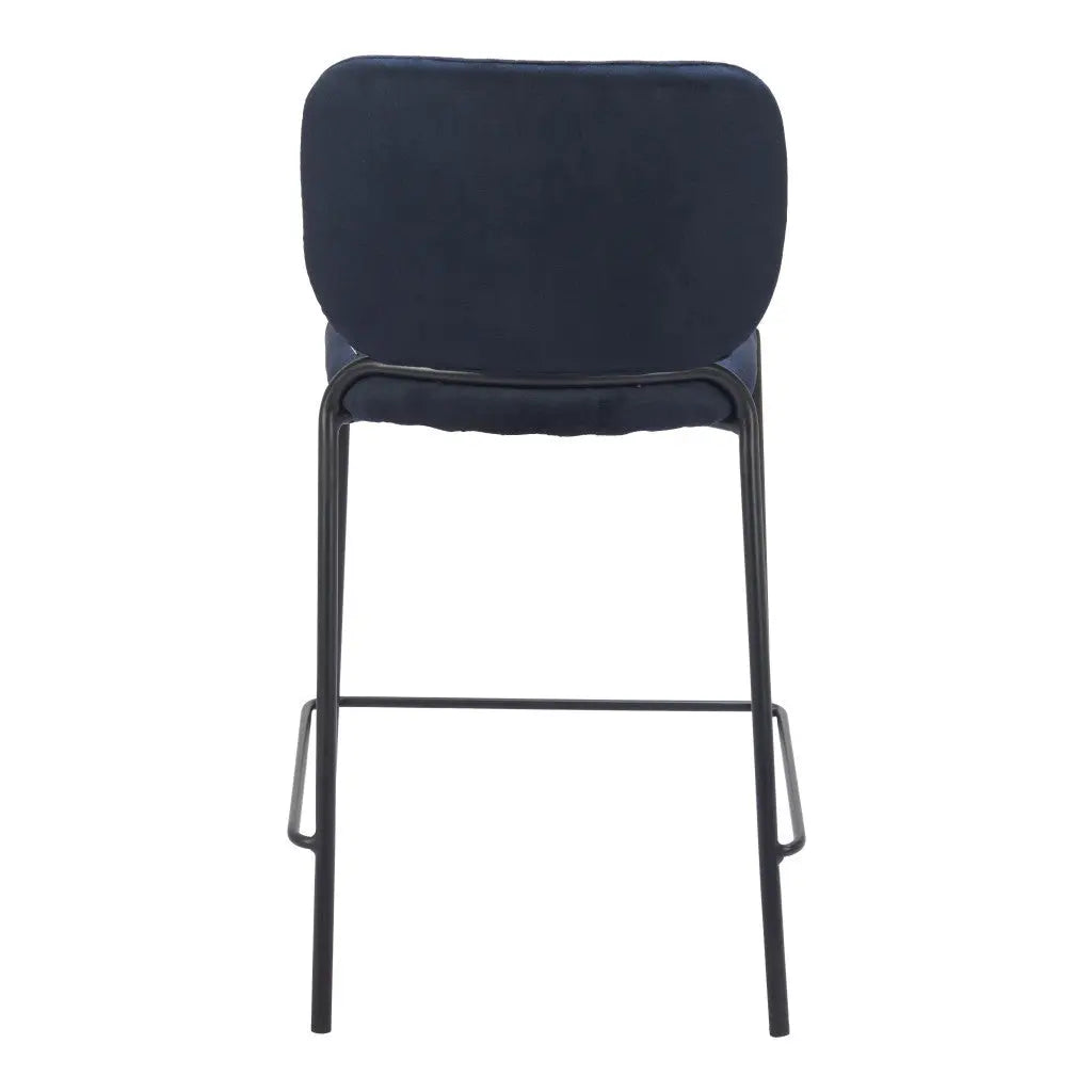 Set of Two 25" Blue and Black Velvet and Steel Counter Height Bar Chairs Homeroots Living Room