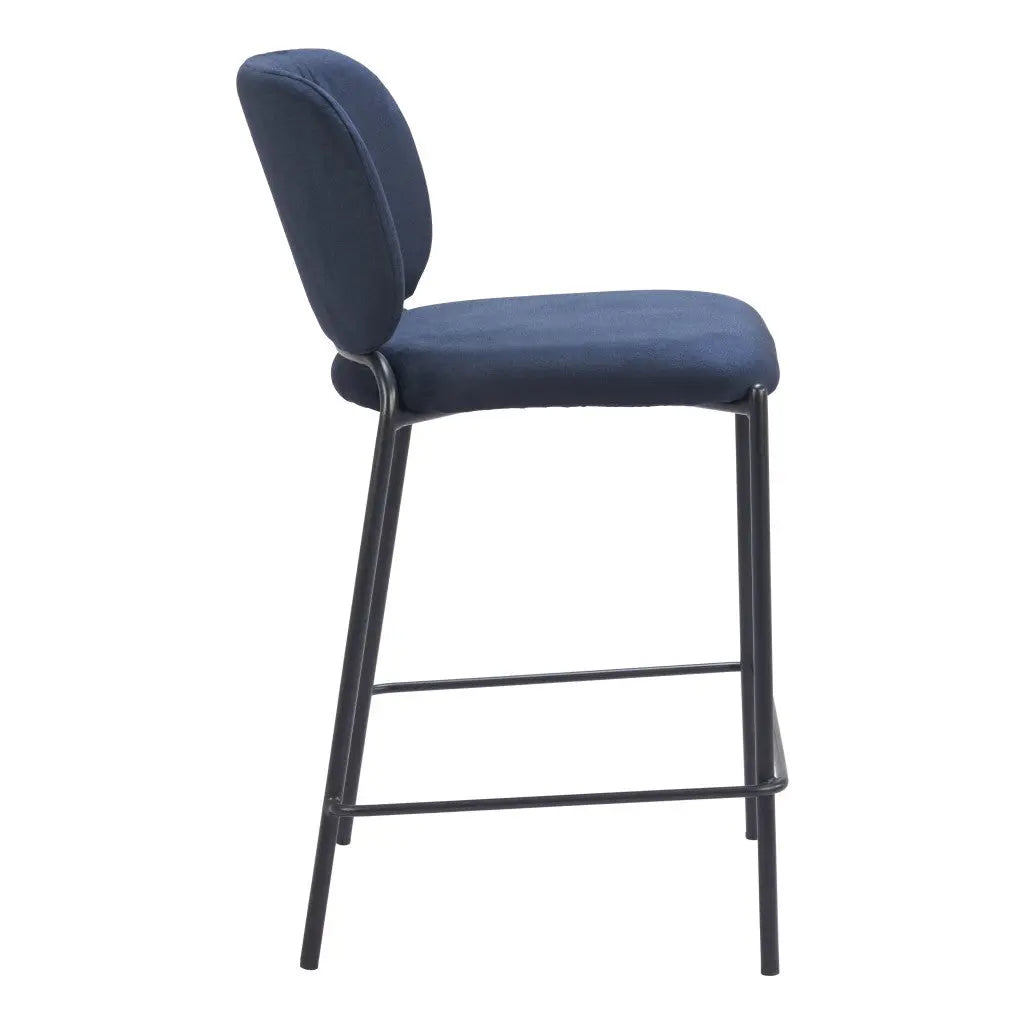 Set of Two 25" Blue and Black Velvet and Steel Counter Height Bar Chairs Homeroots Living Room