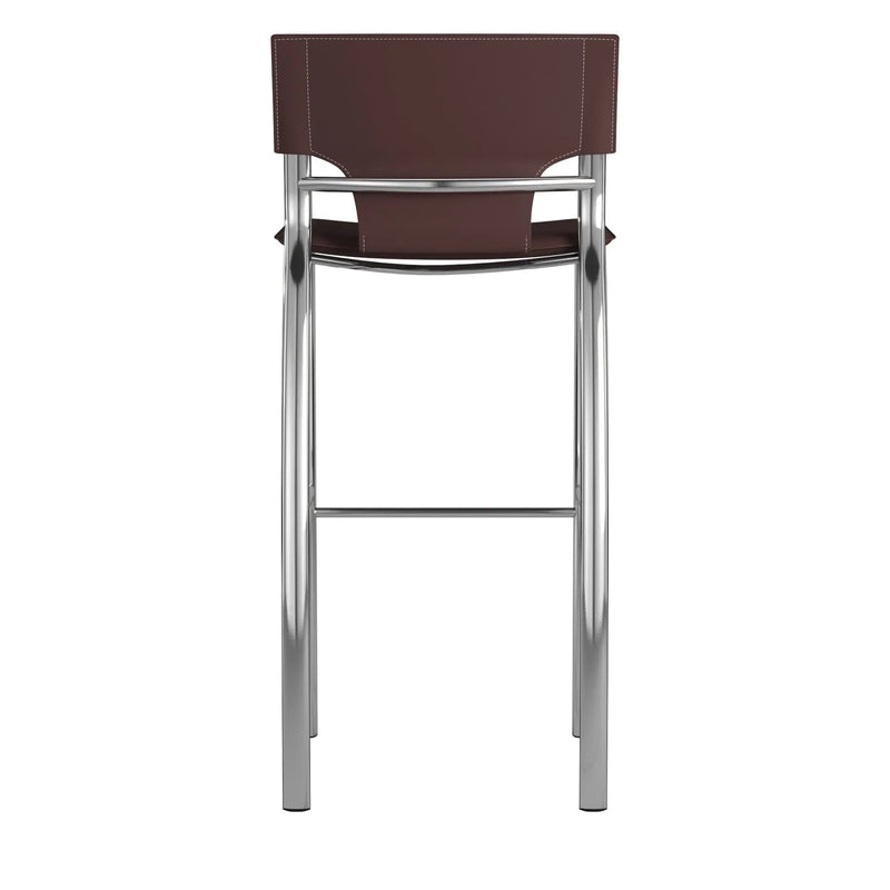 Set of Two 25" Brown and Silver Faux Leather and Metal Low Back Counter Height Bar Chairs Homeroots Living Room