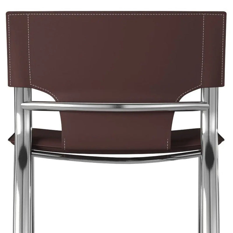 Set of Two 25" Brown and Silver Faux Leather and Metal Low Back Counter Height Bar Chairs Homeroots Living Room