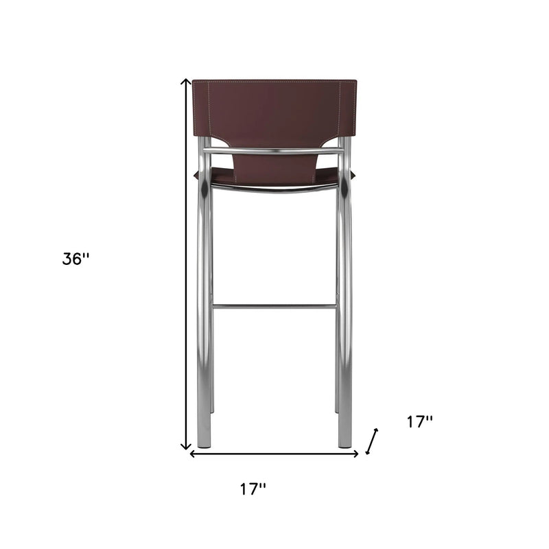 Set of Two 25" Brown and Silver Faux Leather and Metal Low Back Counter Height Bar Chairs Homeroots Living Room